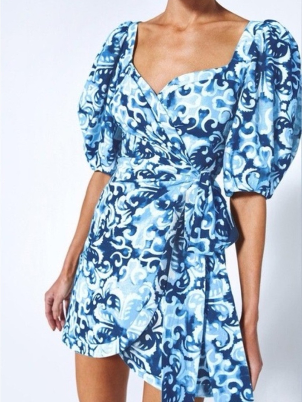 Alexis Blue Patterned Puff-Sleeve Mini Wrap Dress